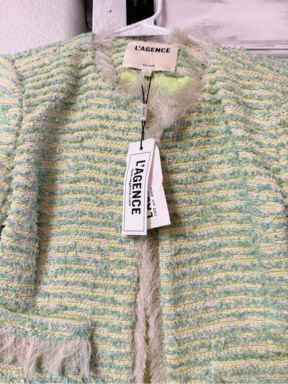 L'AGENCE Mint Green and Pale Yellow Bouclé Fringe Blazer